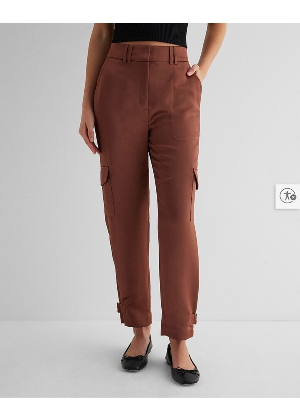 Express Super High Waisted Satin Cargo Ankle Pant Brown